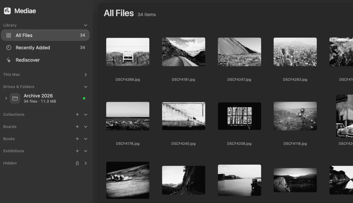 A close-up of Mediae: the drive Archive 2026 in the sidebar, with its photographs beside it.
